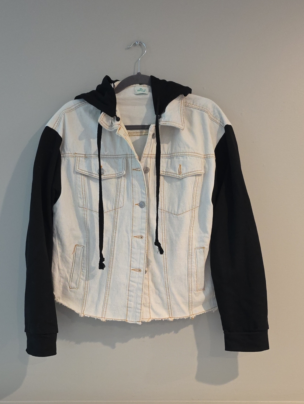 Blue Buttercup Womens Two-Tone Hooded Denim Jacket - Black & Light Denim